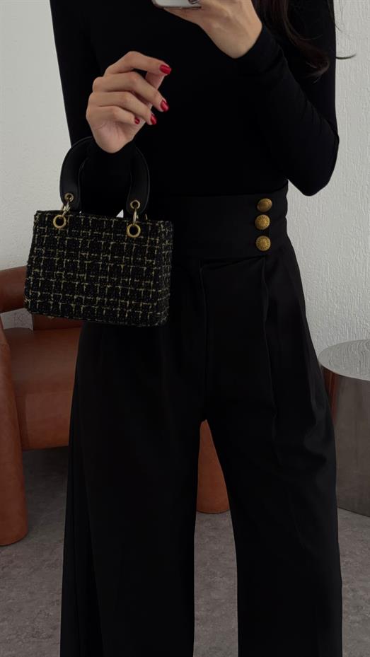 3 Düğmeli Ekstra Yüksek Bel Siyah Pantolon