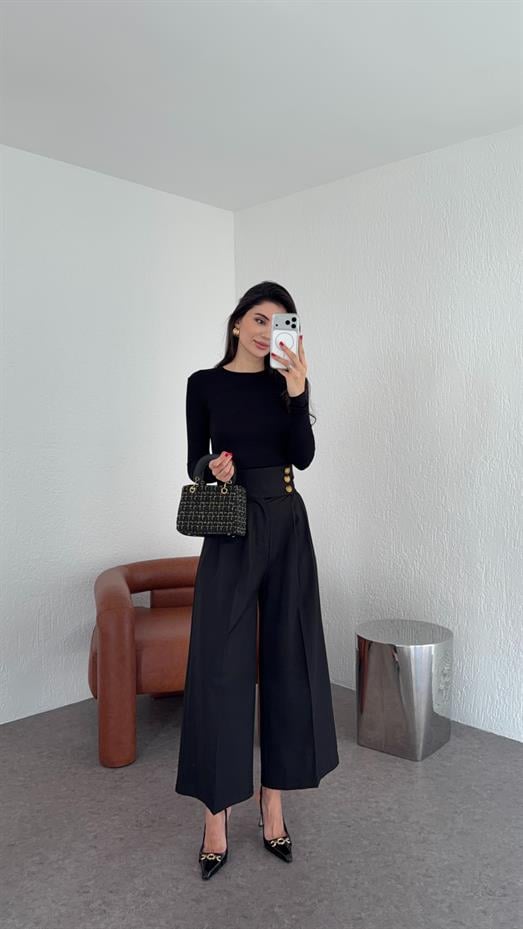 3 Düğmeli Ekstra Yüksek Bel Siyah Pantolon