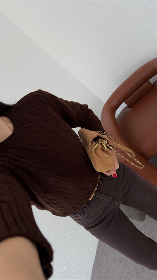 Acı Kahve Saç Örgü Kazak