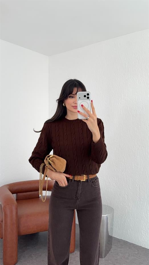 Acı Kahve Saç Örgü Kazak