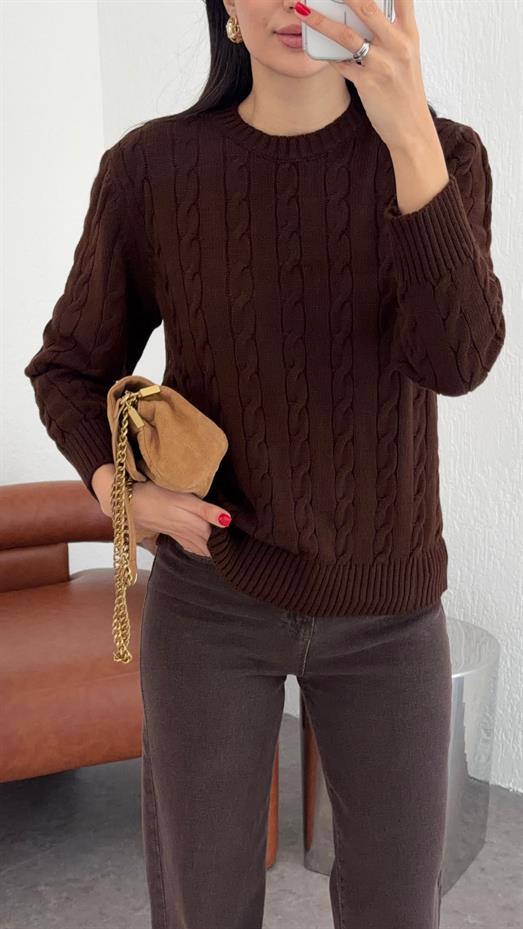 Acı Kahve Saç Örgü Kazak