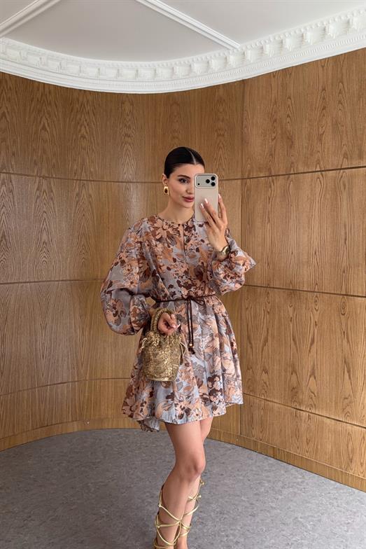 Ahşap Boncuklu Kahve Mini Elbise