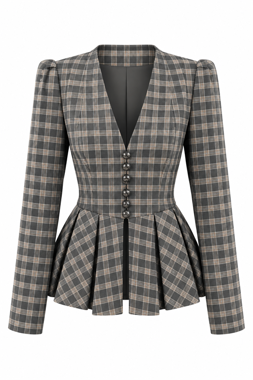 Antrasit Ekose Pileli Peplum Ceket