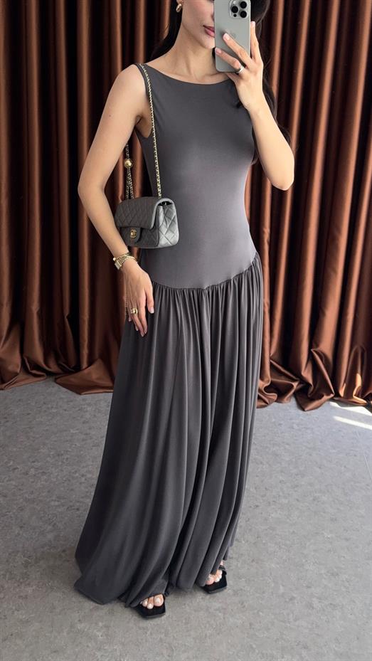 Antrasit Maxi Modal Elbise