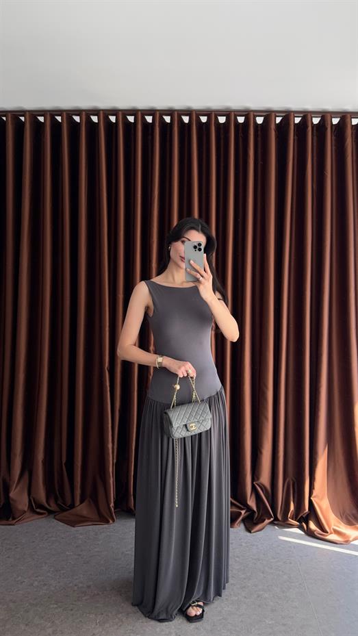Antrasit Maxi Modal Elbise