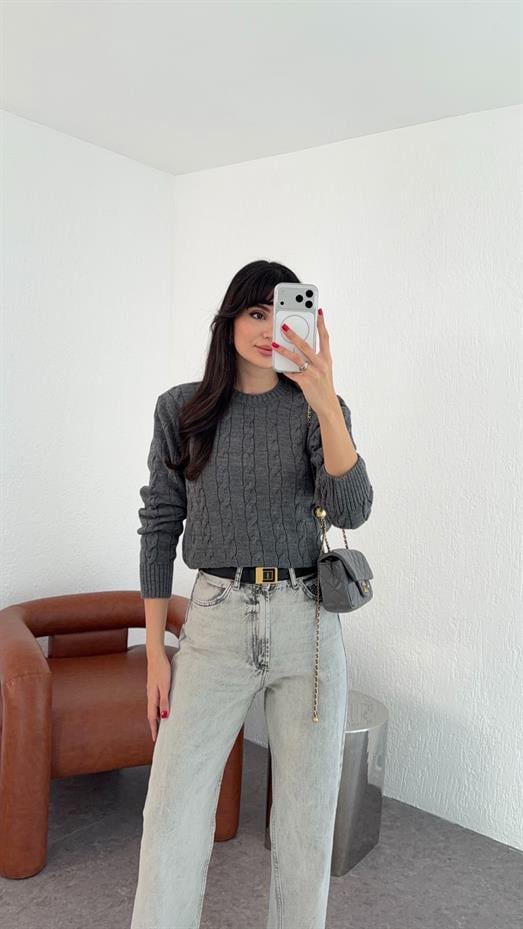 Antrasit Saç Örgü Kazak