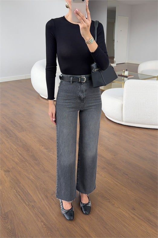 Antrasit Yıkamalı Kemerli Fit Jean