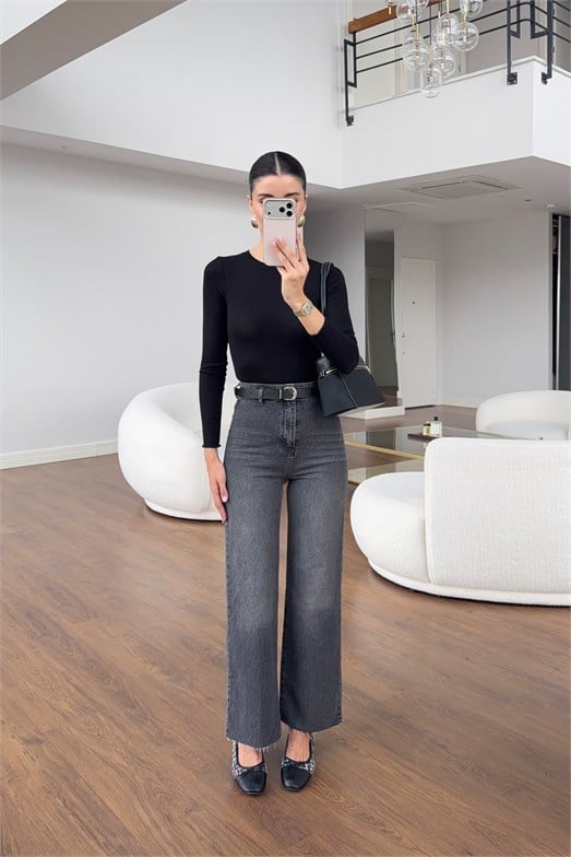 Antrasit Yıkamalı Kemerli Fit Jean