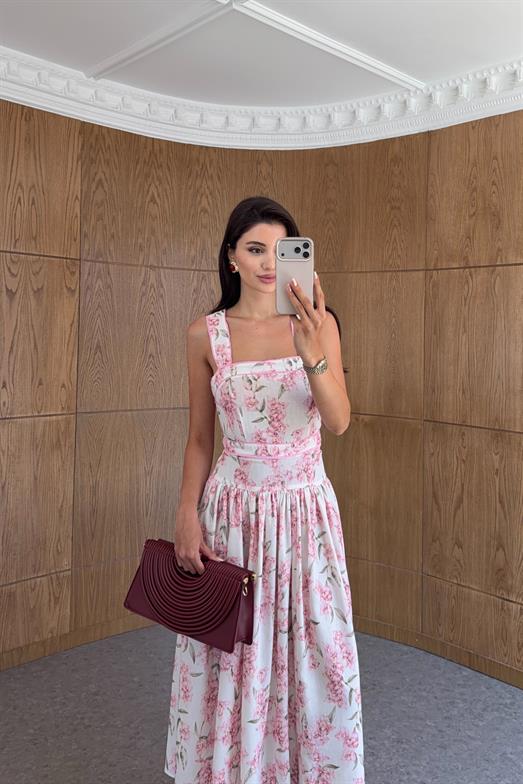 Ara Biyeli Kare Yaka Pembe Elbise