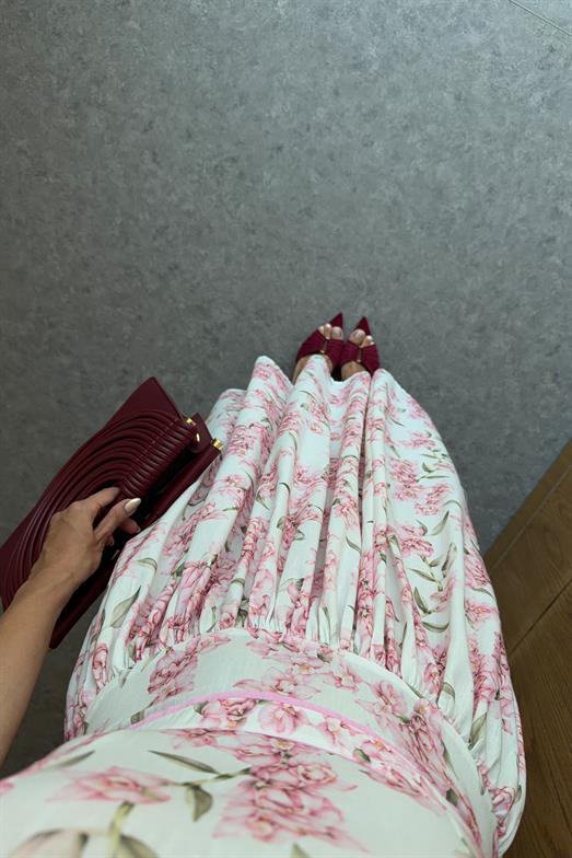Ara Biyeli Kare Yaka Pembe Elbise
