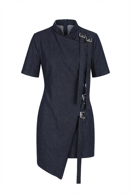 Asimetrik Kesim Denim Tasarım Elbise