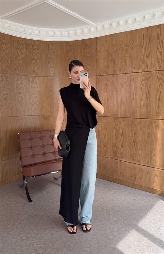 Asimetrik Uzun Parçalı Siyah Bluz