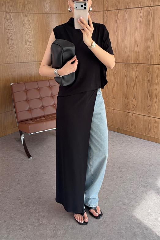 Asimetrik Uzun Parçalı Siyah Bluz