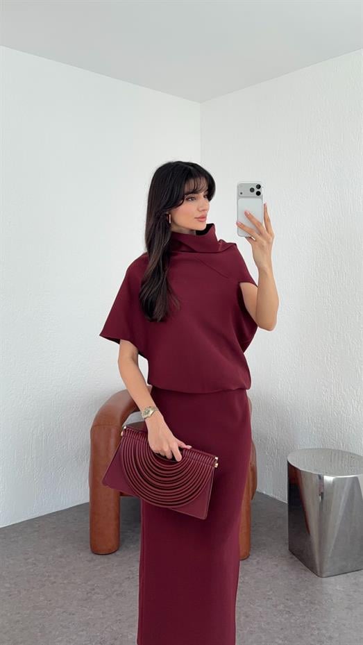 Asimetrik Yaka Bordo Premium Elbise