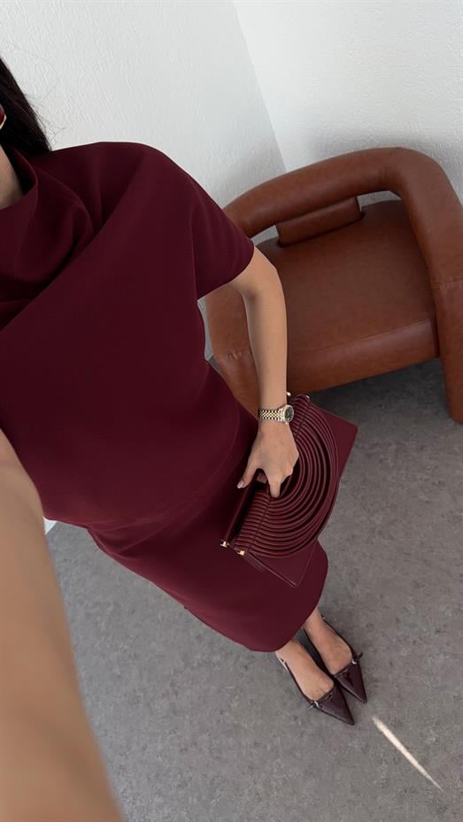 Asimetrik Yaka Bordo Premium Elbise