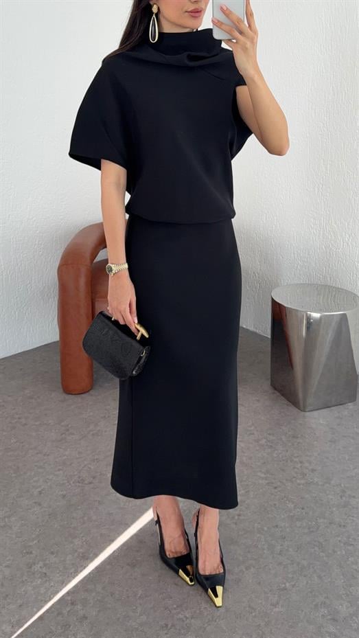 Asimetrik Yaka Siyah Premium Elbise