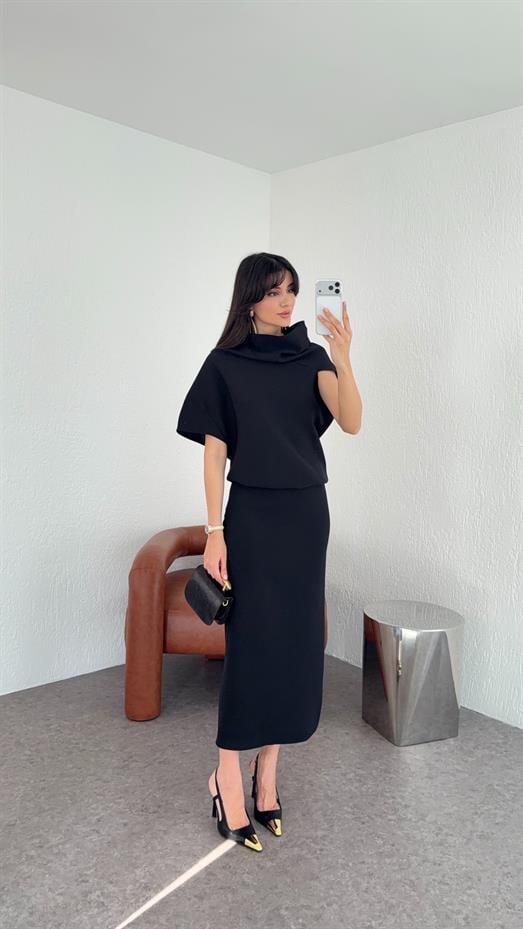 Asimetrik Yaka Siyah Premium Elbise