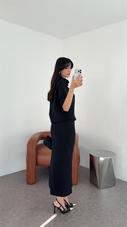 Asimetrik Yaka Siyah Premium Elbise