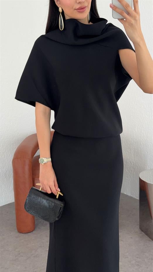 Asimetrik Yaka Siyah Premium Elbise