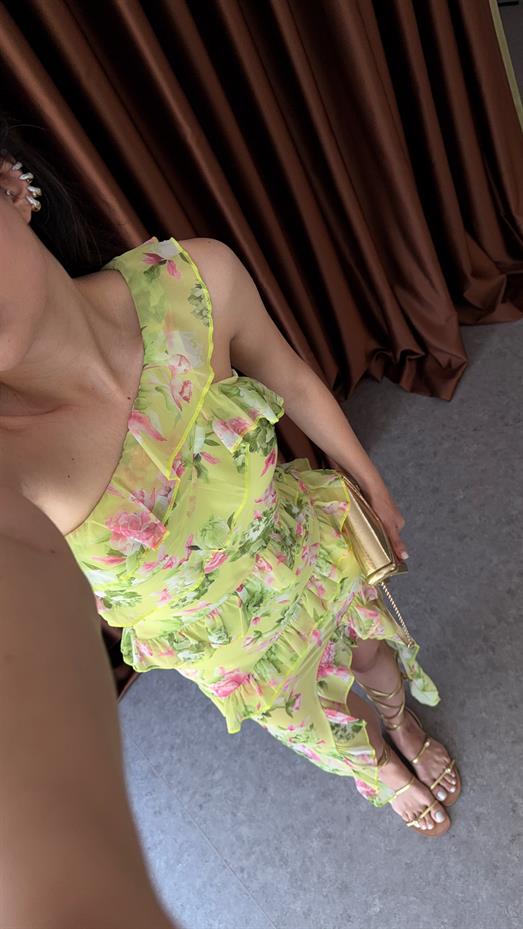 Asimetrik Yeşil Şifon Elbise