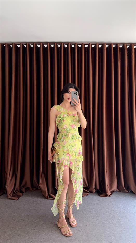 Asimetrik Yeşil Şifon Elbise