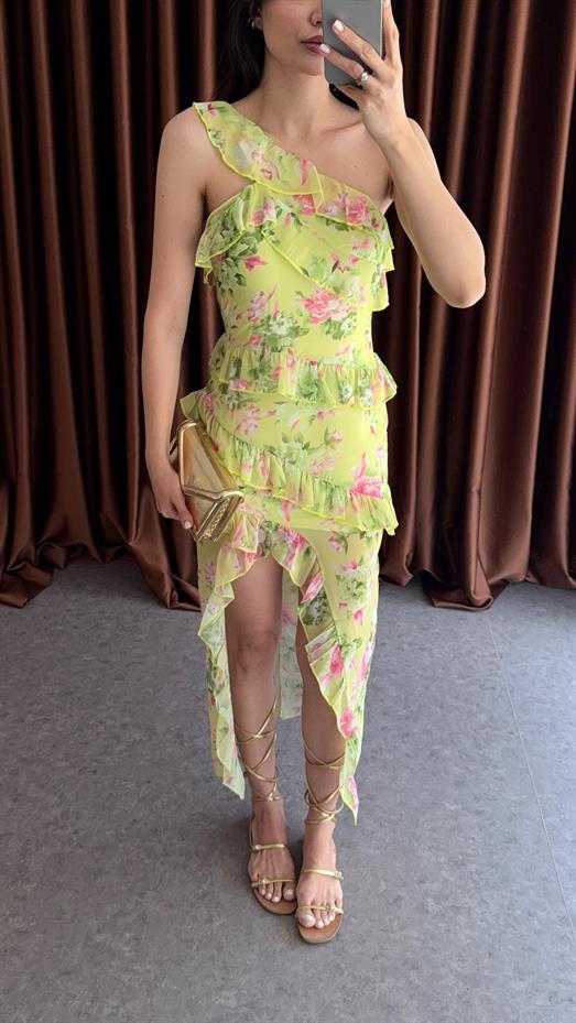 Asimetrik Yeşil Şifon Elbise