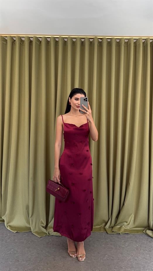 Askılı Çiçekli Bordo Elbise