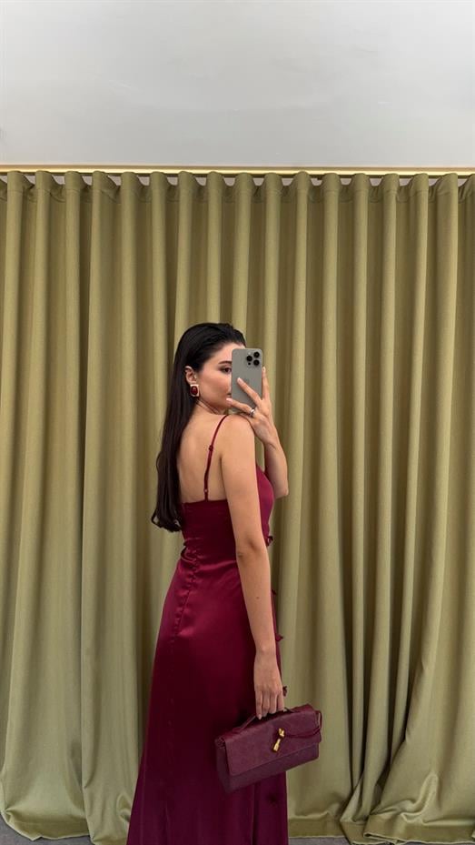 Askılı Çiçekli Bordo Elbise