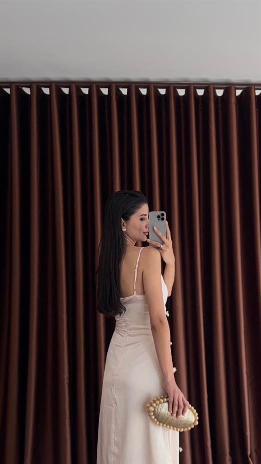 Askılı Çiçekli Şampanya Elbise