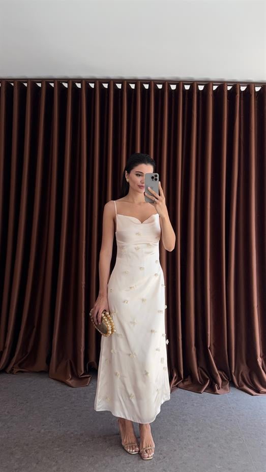 Askılı Çiçekli Şampanya Elbise