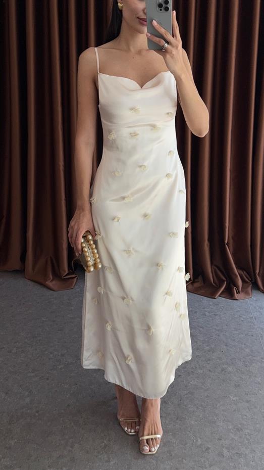 Askılı Çiçekli Şampanya Elbise