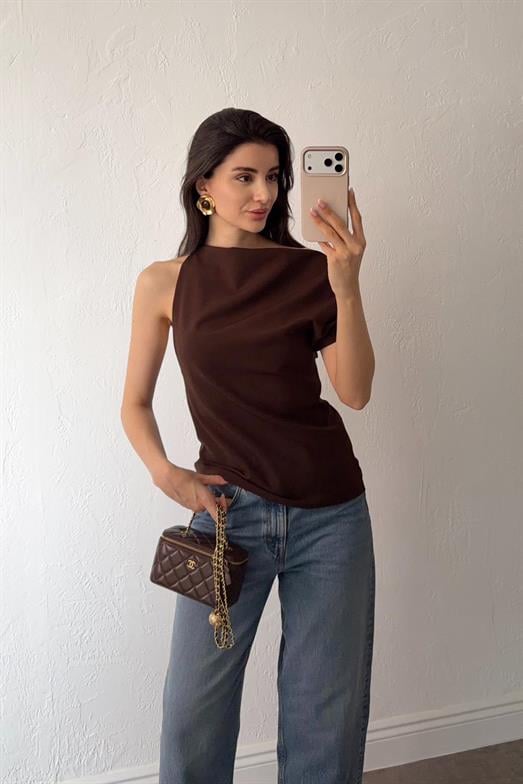 Askılı Kahve Dökümlü Bluz