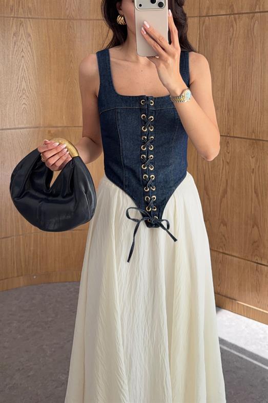 Askılı Lacivert Denim Büstiyer