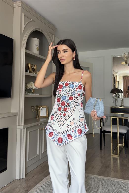 Ayarlanabilir Askılı Şal Desen Kırmızı Bluz