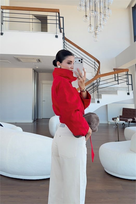 Bağlamalı Astarlı Kırmızı Ceket