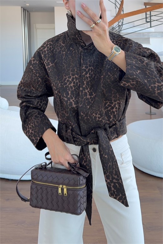Bağlamalı Astarlı Leopar Ceket