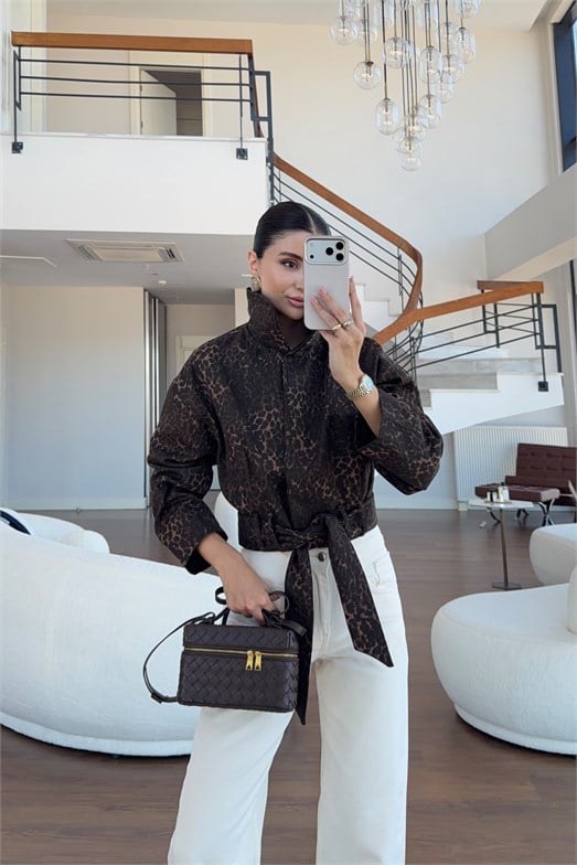 Bağlamalı Astarlı Leopar Ceket