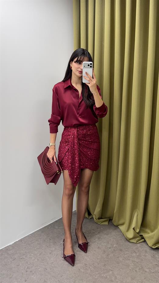 Bağlamalı Bordo Pullu Etek