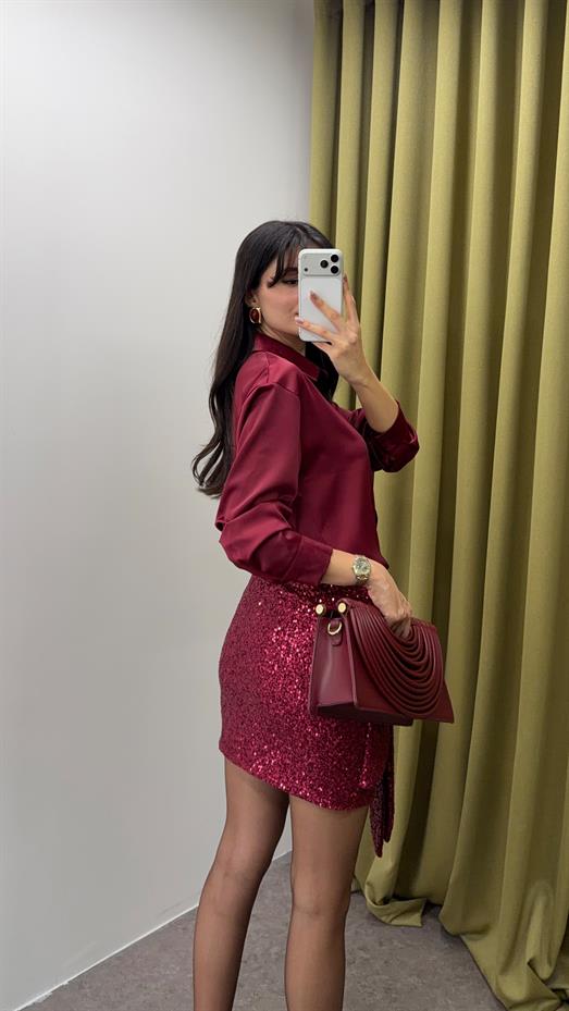 Bağlamalı Bordo Pullu Etek