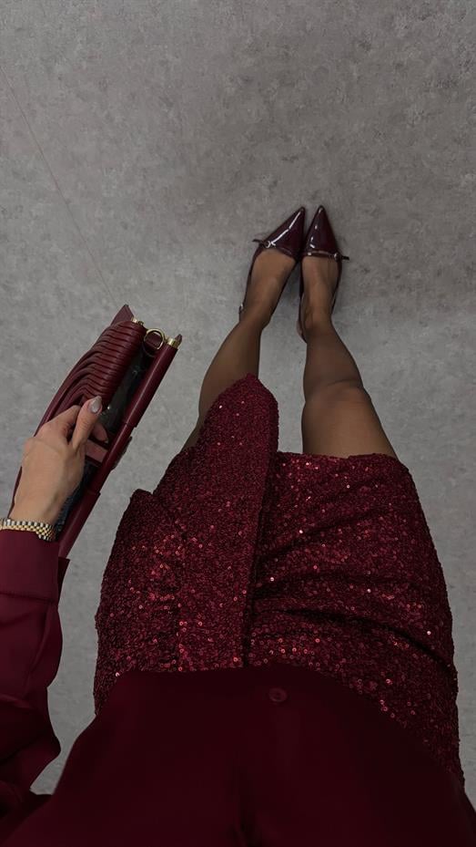 Bağlamalı Bordo Pullu Etek