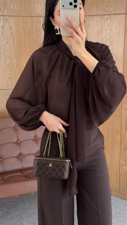 Bağlamalı Kahverengi Bluz