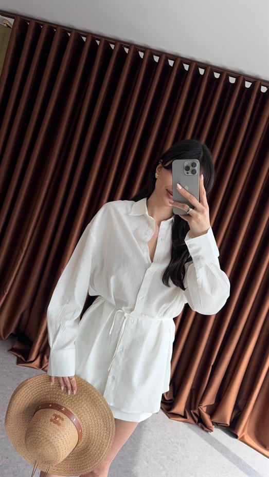 Bağlamalı Keten Beyaz Gömlek