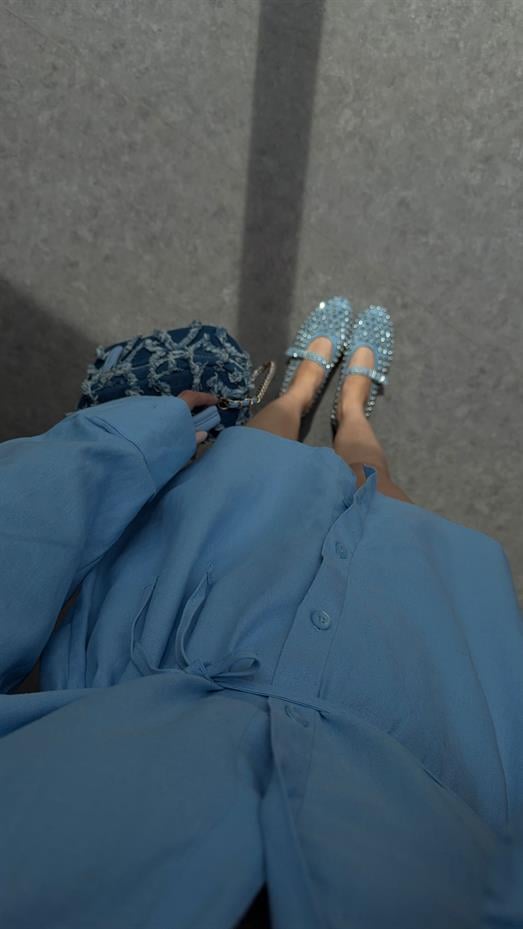 Bağlamalı Keten Mavi Gömlek