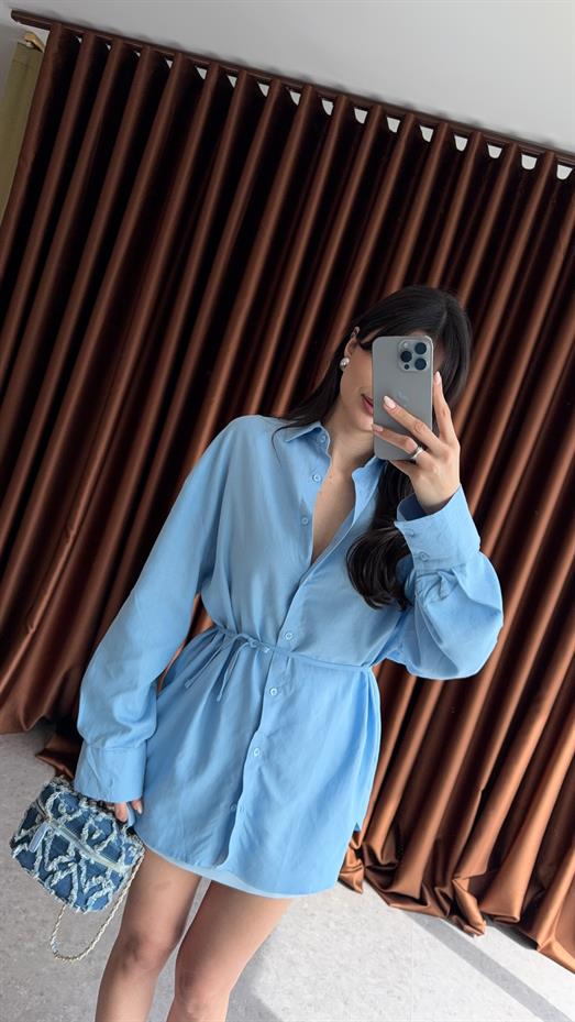 Bağlamalı Keten Mavi Gömlek