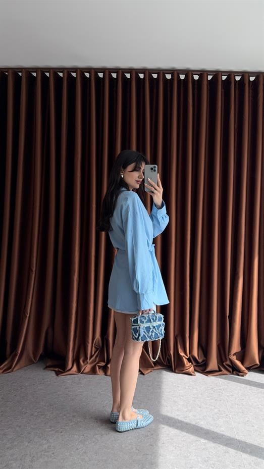 Bağlamalı Keten Mavi Gömlek