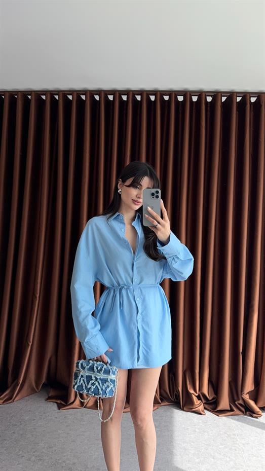 Bağlamalı Keten Mavi Gömlek