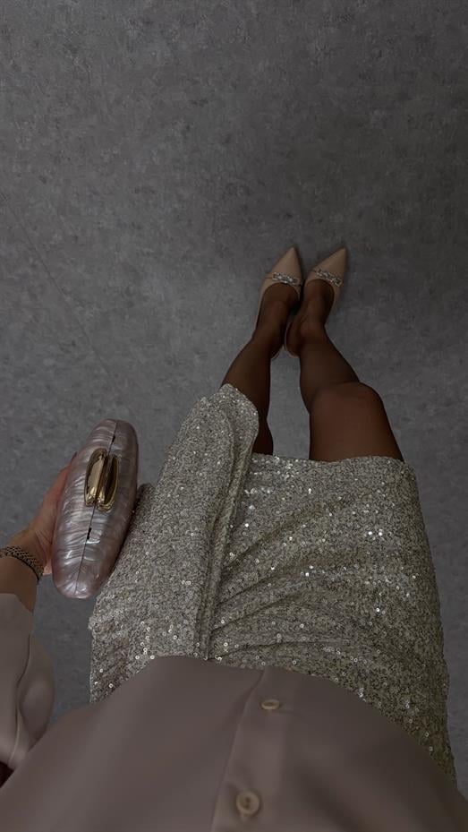 Bağlamalı Şampanya Pullu Etek