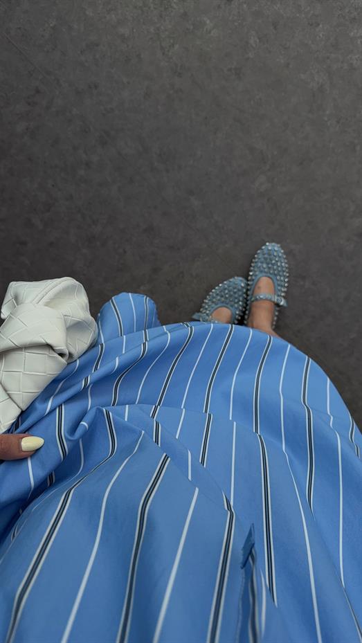 Bağlamalı Şeritli Mavi Elbise