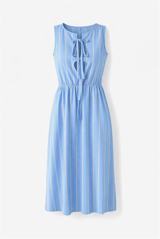 Bağlamalı Şeritli Mavi Elbise