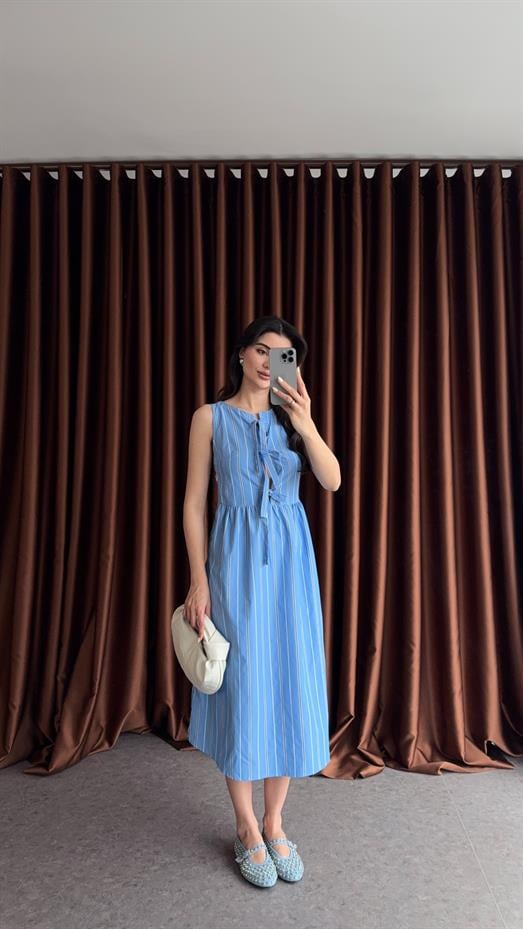 Bağlamalı Şeritli Mavi Elbise